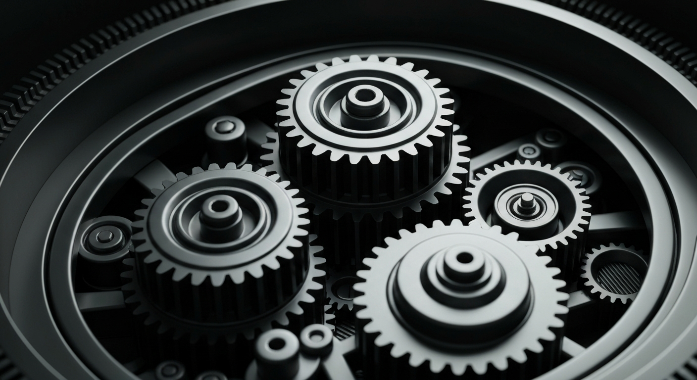 An extreme close-up of the complex, interlocking metal components of a high-security banking vault, conveying the idea of institutional financial power and the secure storage of wealth without using literal currency or charts.