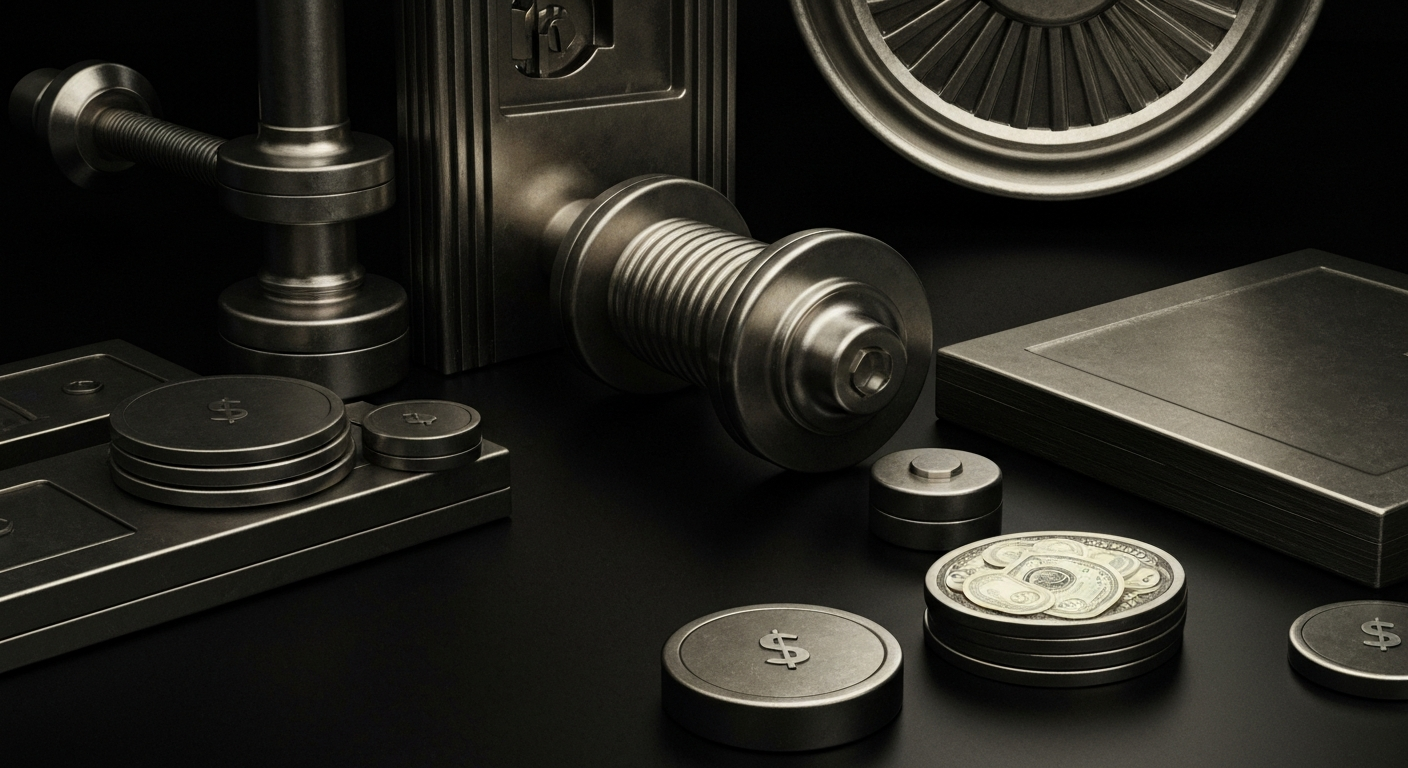 An extreme close-up of industrial machinery and equipment, conveying the tangible, physical nature of the financial sector without depicting any specific objects or symbols.