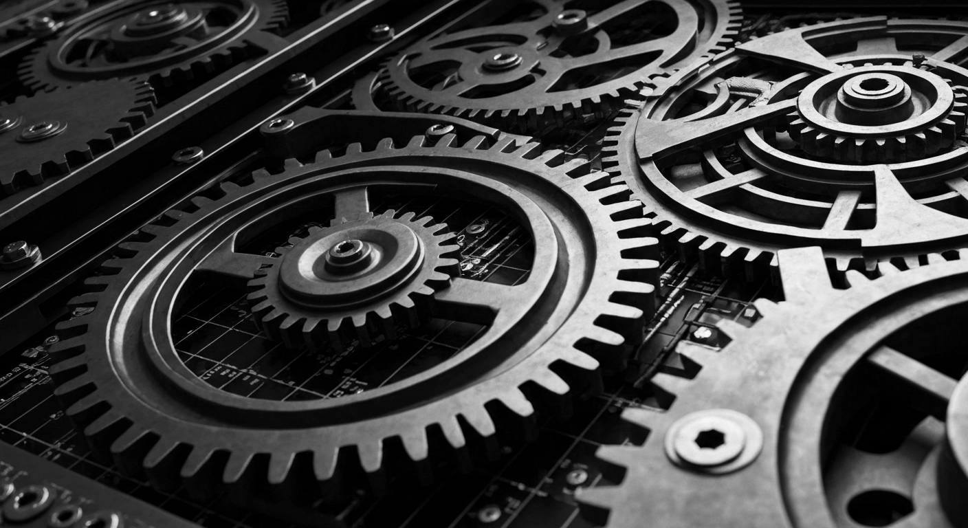 A cinematic close-up of the intricate gears and mechanisms of a high-tech financial trading platform, rendered in a heavy, industrial style to convey a sense of power, security, and the complex infrastructure underlying modern finance.