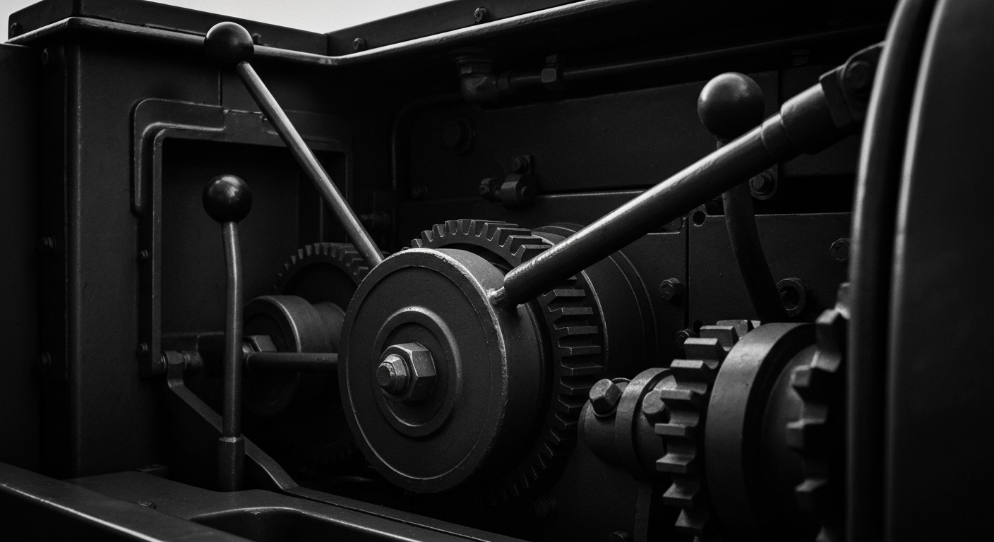 A high-contrast black and white image showing the intricate gears, levers, and mechanical components inside a Deere & Company industrial tractor, conveying the brand's reputation for rugged, reliable equipment.