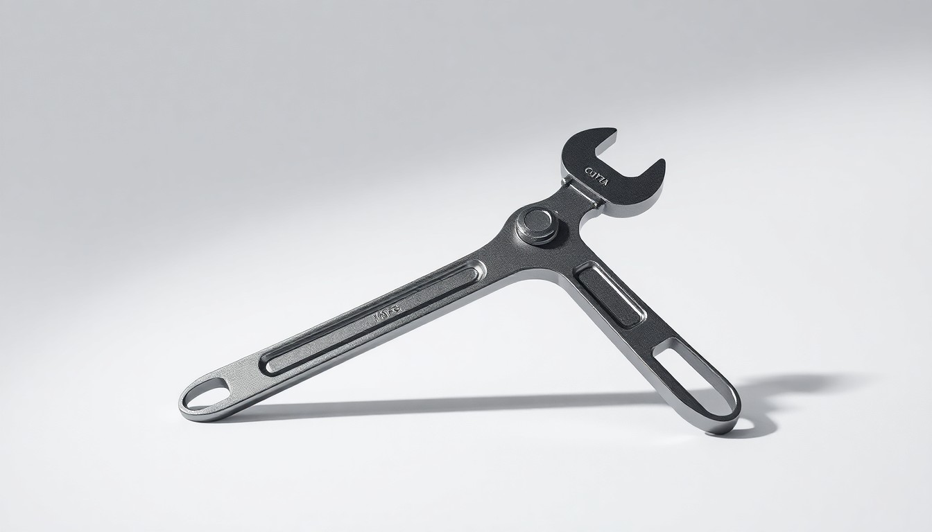 A close-up photograph of a polished metal construction tool, such as a wrench or pliers, arranged elegantly on a clean, monochromatic background, conceptually representing the precision and expertise of Quanta Services' infrastructure work.