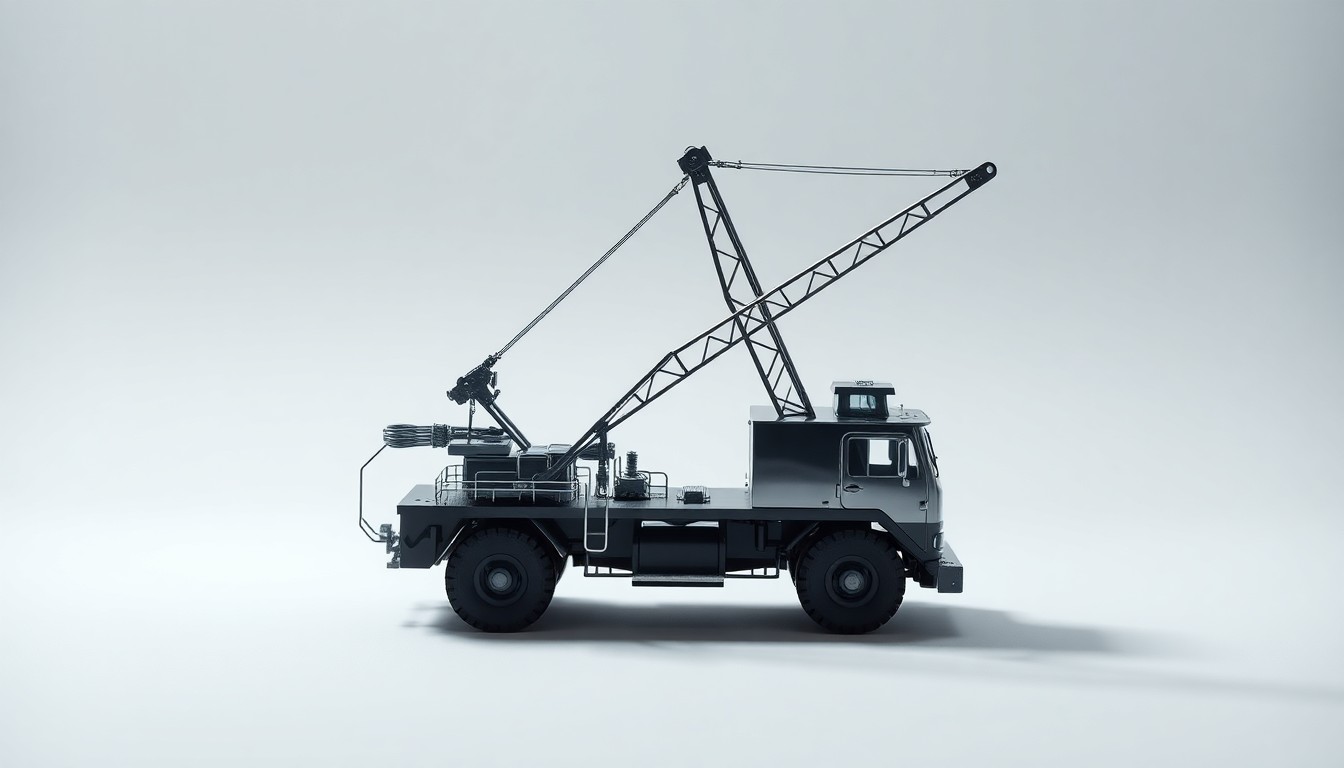 A highly detailed, photorealistic studio still-life image of a polished, chrome-plated mobile harbor crane model, arranged elegantly on a clean, monochromatic background, conveying the concepts of port modernization and sustainable logistics.