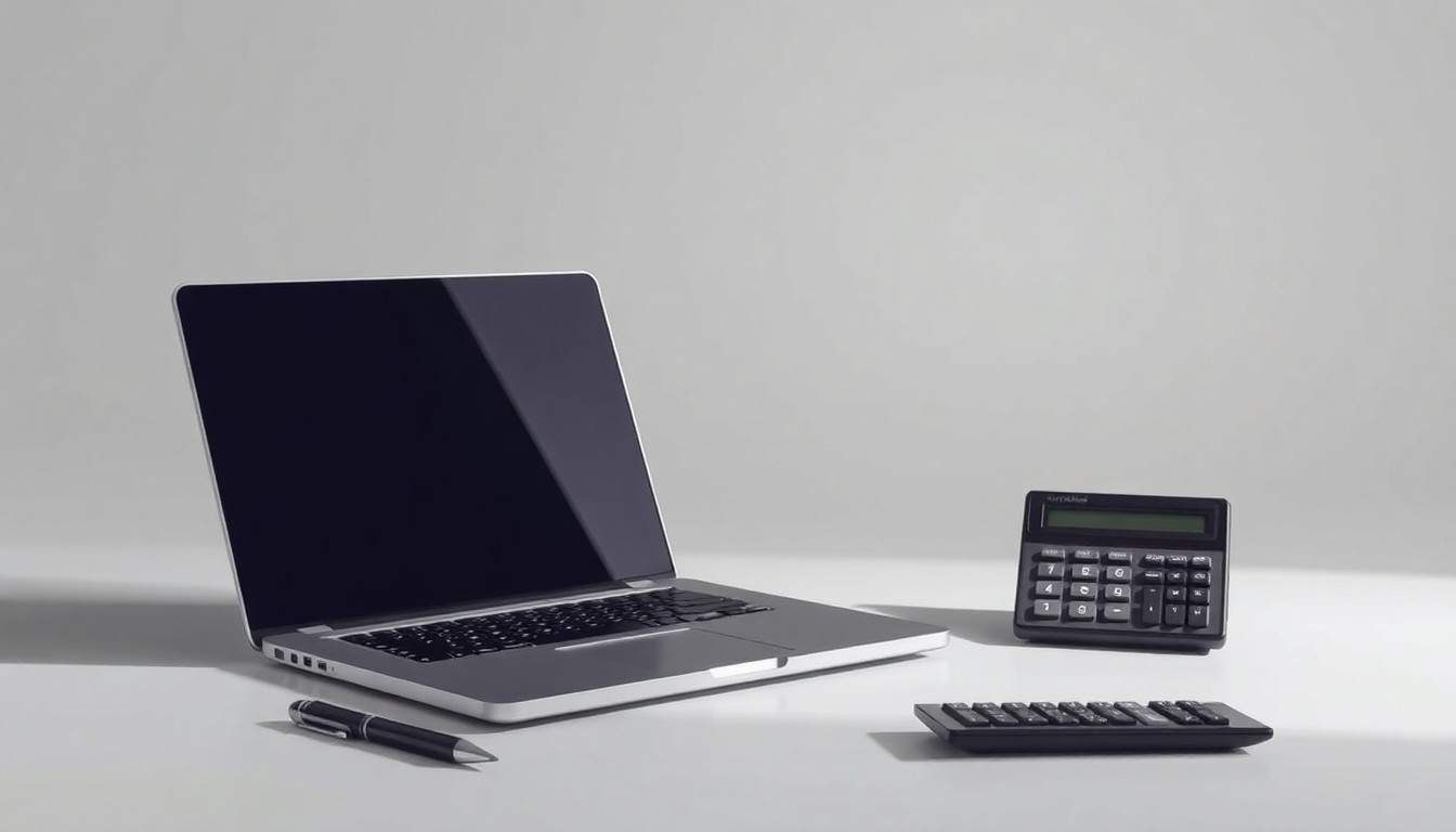 A minimalist studio still life photograph featuring a laptop, pen, and calculator arranged elegantly on a clean, monochromatic background, conceptually representing the abstract ideas of corporate efficiency and financial strategy.