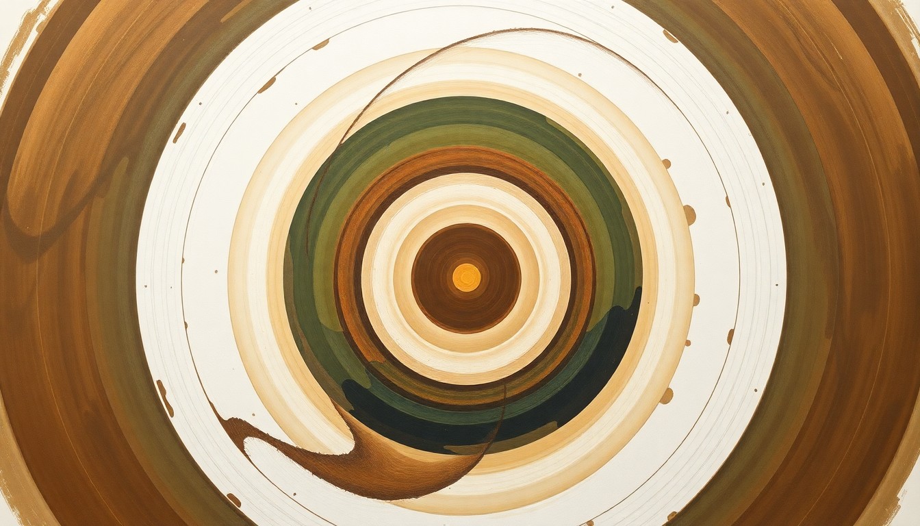 A bold, abstract painting in muted earth tones featuring sweeping geometric shapes, concentric circles, and organic spirals, conveying the structural order and natural elements of sustainable agriculture technology.