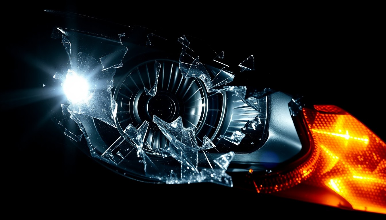 An extreme close-up of a shattered car headlight lens reflecting the harsh glare of a camera flash, conceptually representing the violent impact of a multi-vehicle collision.