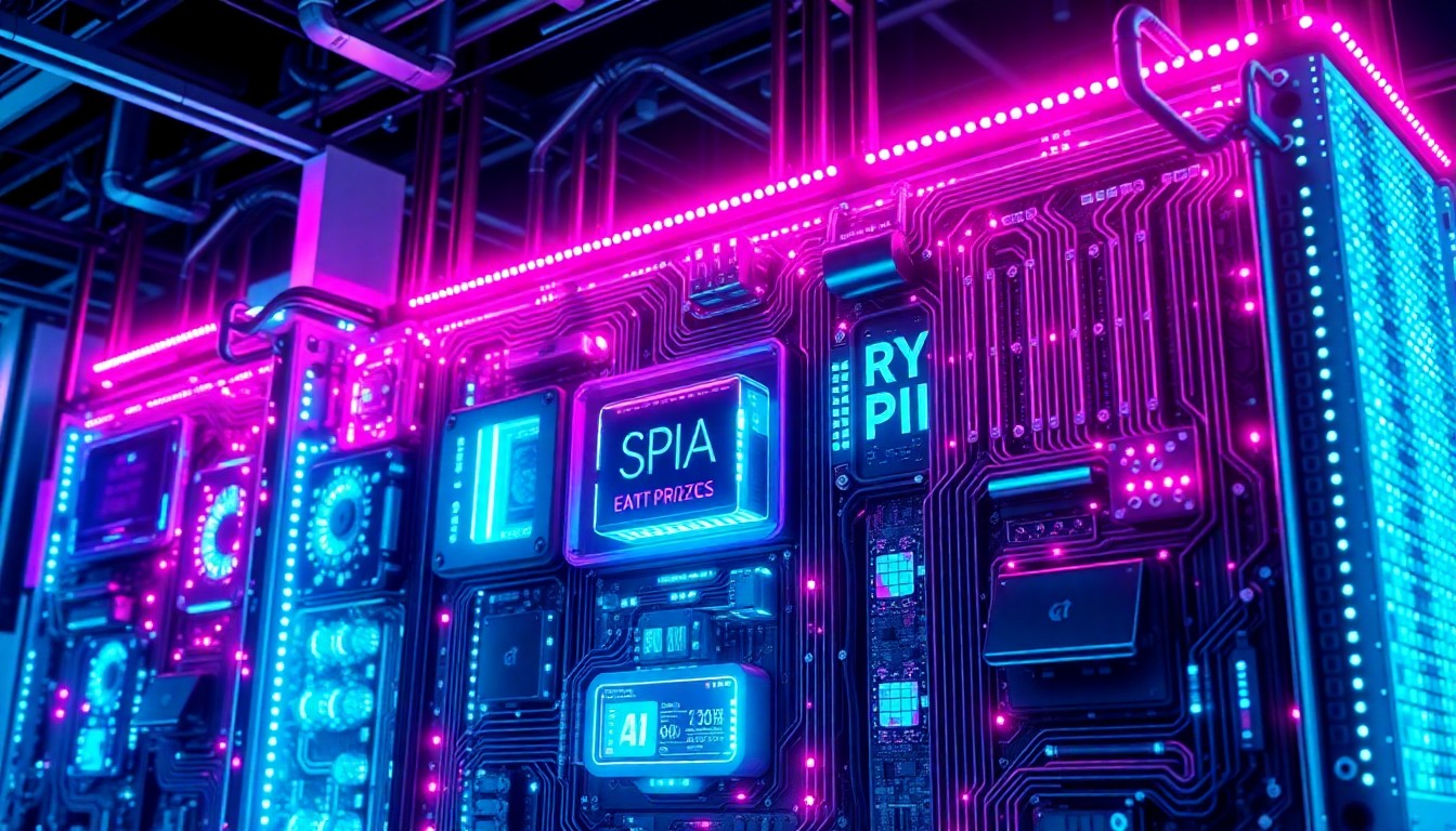 A highly detailed, glowing 3D illustration of a complex AI data processing system, with neon cyan and magenta lights illuminating the intricate hardware components, conceptually representing the advanced technology powering enterprise-grade AI capabilities.
