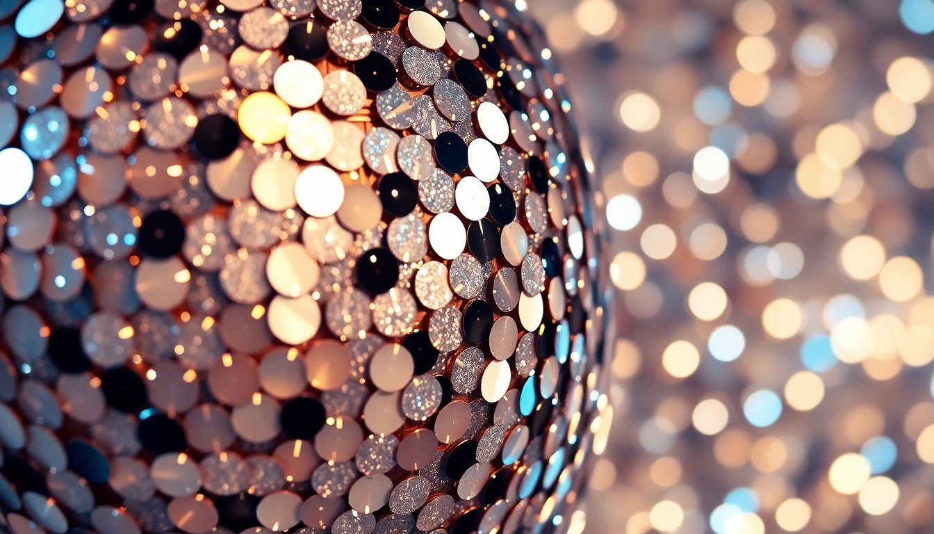 An extreme close-up of sparkling sequins and shattered disco glass, reflecting dramatic studio lighting to create a high-fashion, glamorous aesthetic that conceptually represents the celebratory mood of a bachelorette party.