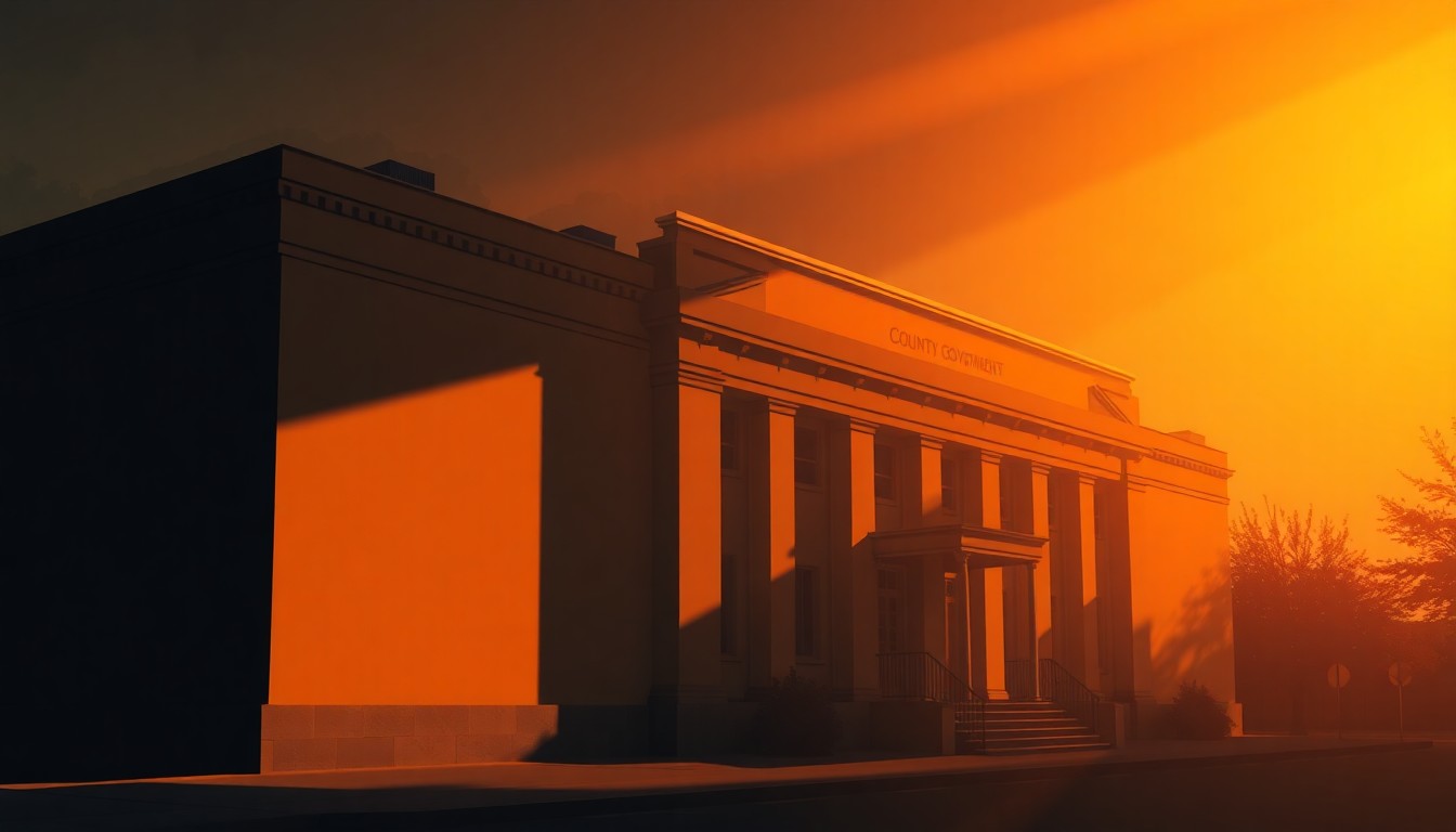 A serene, cinematic painting of a county government building with warm sunlight streaming through the windows, casting deep shadows across the facade, conveying a sense of quiet contemplation and civic duty.