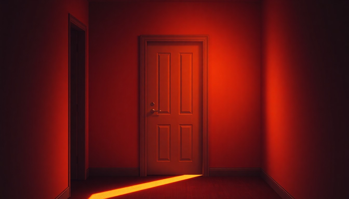 A photorealistic painting of a hotel room door in warm, golden light, with deep shadows casting across the frame, conveying a sense of mystery and unease around the alleged incident.