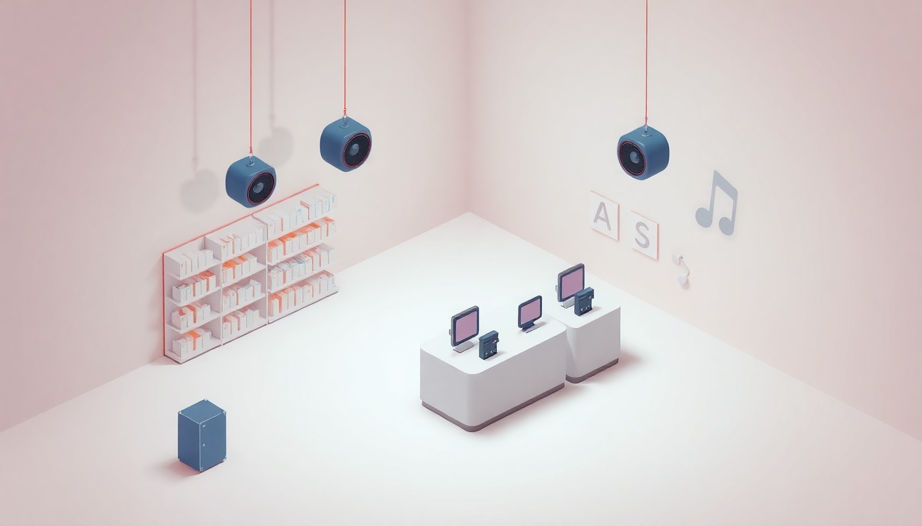 A stylized, isometric 3D illustration depicting a miniature retail store environment with shelves, checkout counters, and audio speakers, representing the integration of AI-powered audio technology into the in-store shopping experience.
