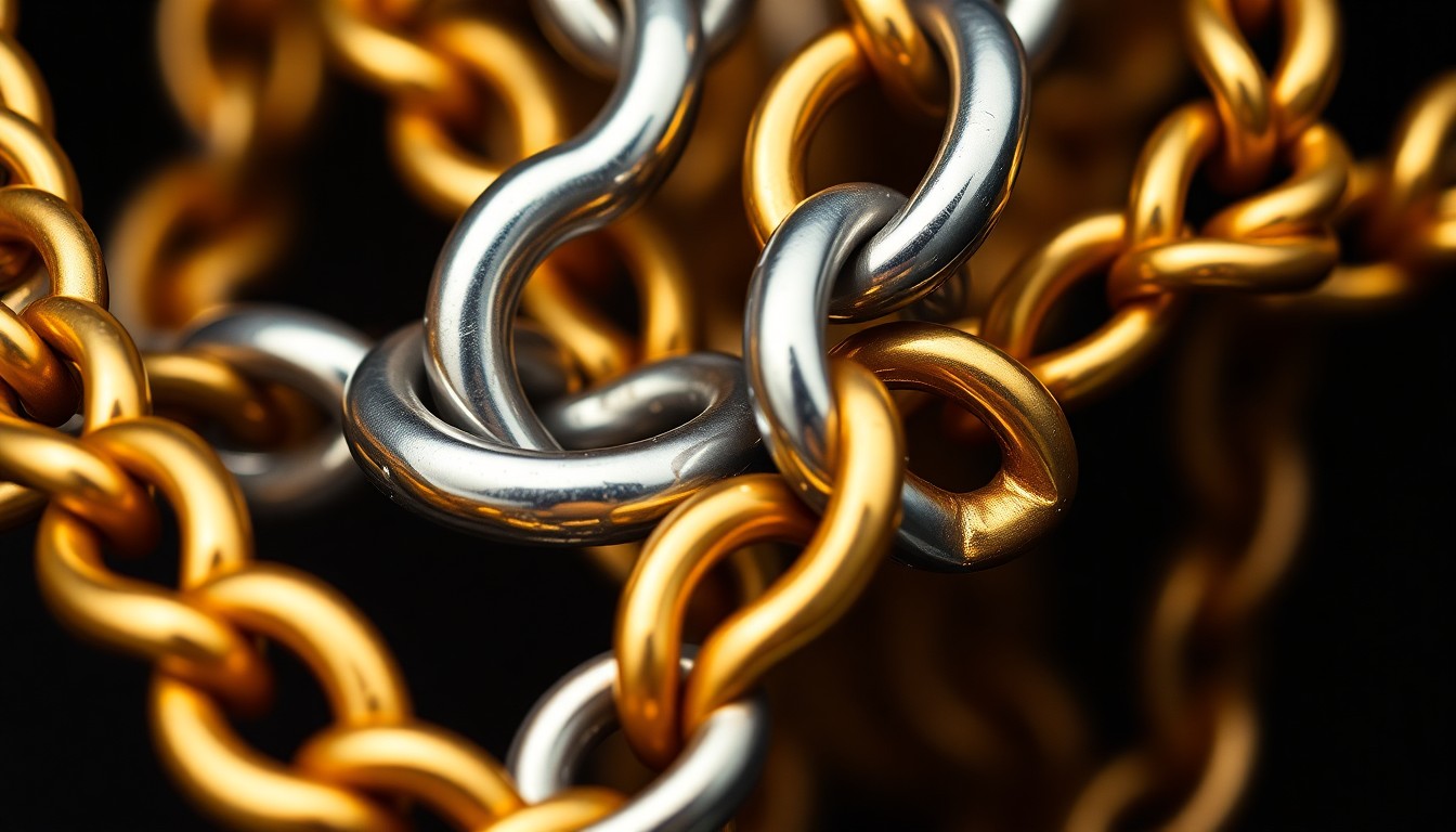 An extreme close-up of shimmering, interlocking gold and silver chains, representing the complex, intertwined relationship between the two actresses from the TV series 'Girls'.