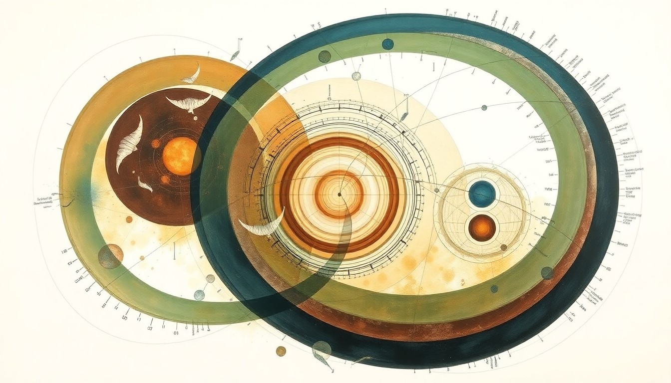 A bold, abstract painting in earthy tones of green, brown, and blue, featuring sweeping geometric arcs, concentric circles, and precise spirals, conveying the structural complexity of genomic analysis and its applications in infectious disease research.