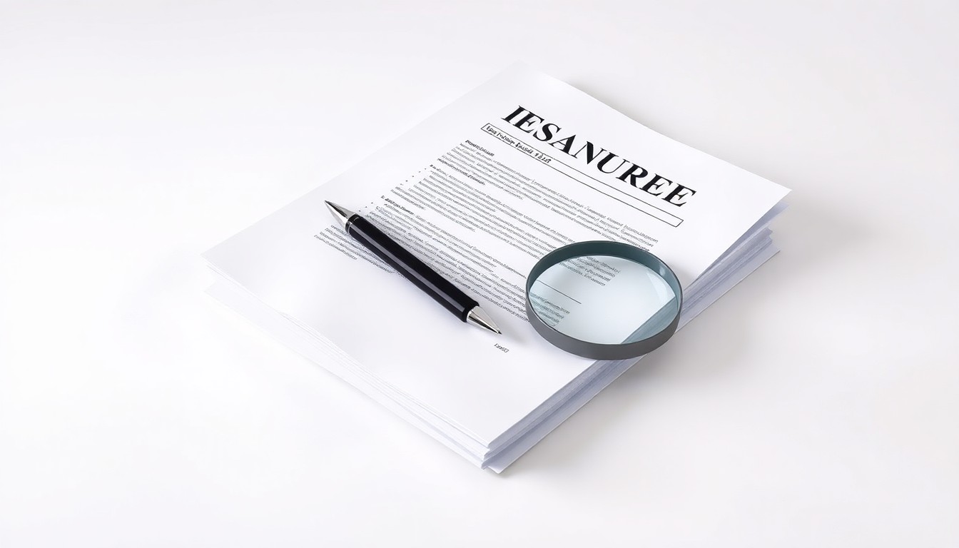A high-end, photorealistic studio still-life photograph featuring a stack of insurance policy documents, a pen, and a magnifying glass arranged elegantly on a clean, white seamless background, conceptually representing the attention to detail and expertise of Stephany Insurance LLC.