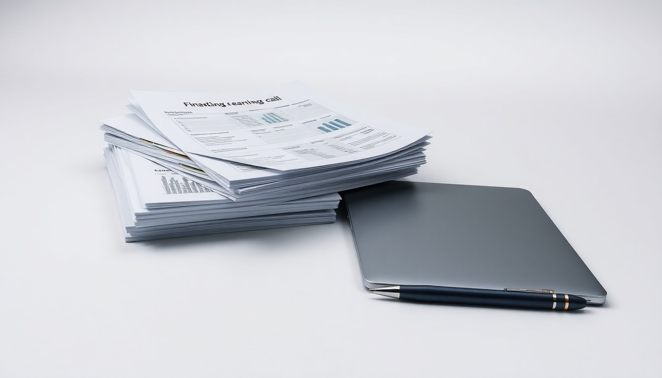 A minimalist studio photograph featuring a stack of financial reports, a laptop, and a pen arranged elegantly on a clean, monochromatic background, symbolizing the corporate strategy and performance data that will be discussed in HCI Group's upcoming earnings announcement.
