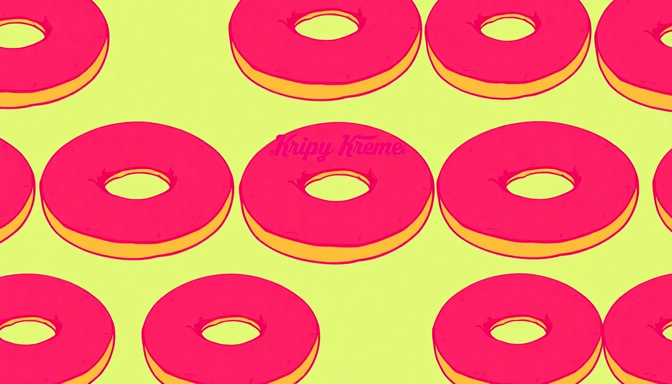 A vibrant, high-contrast silkscreen print featuring a grid of stylized Krispy Kreme donuts in neon colors, conceptually representing the energy and creativity of a student business club fundraiser.