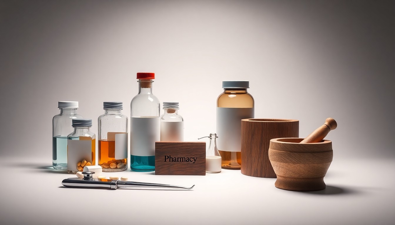 A high-end, photorealistic studio still-life photograph featuring a collection of polished, geometric pharmacy objects such as pill bottles, medical instruments, and a mortar and pestle, arranged elegantly on a clean, monochromatic seamless background to conceptually represent the abstract concepts of community healthcare, small business ownership, and industry consolidation.