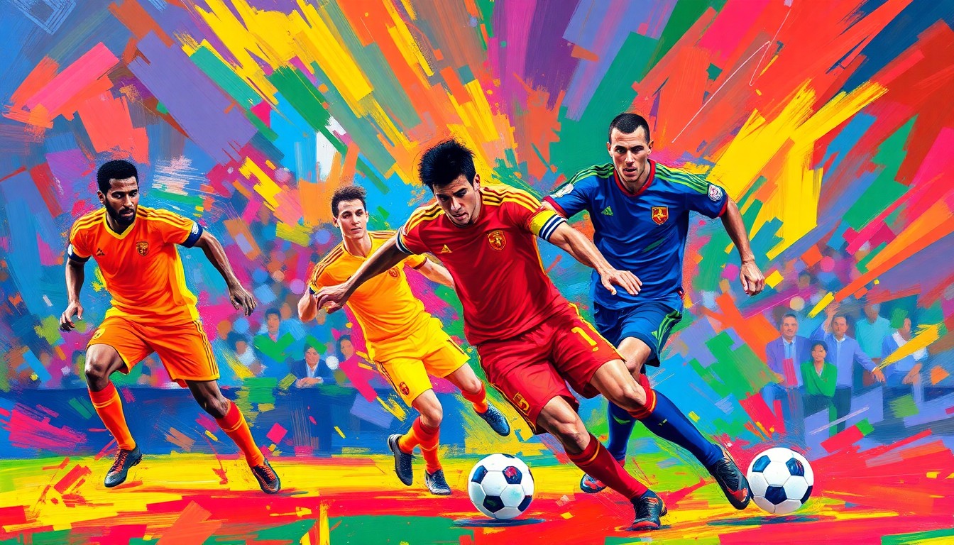 An abstract, expressionistic painting in neon colors depicting the dynamic motion and energy of a soccer match, with players' forms dissolved into vibrant, unrecognizable shapes.