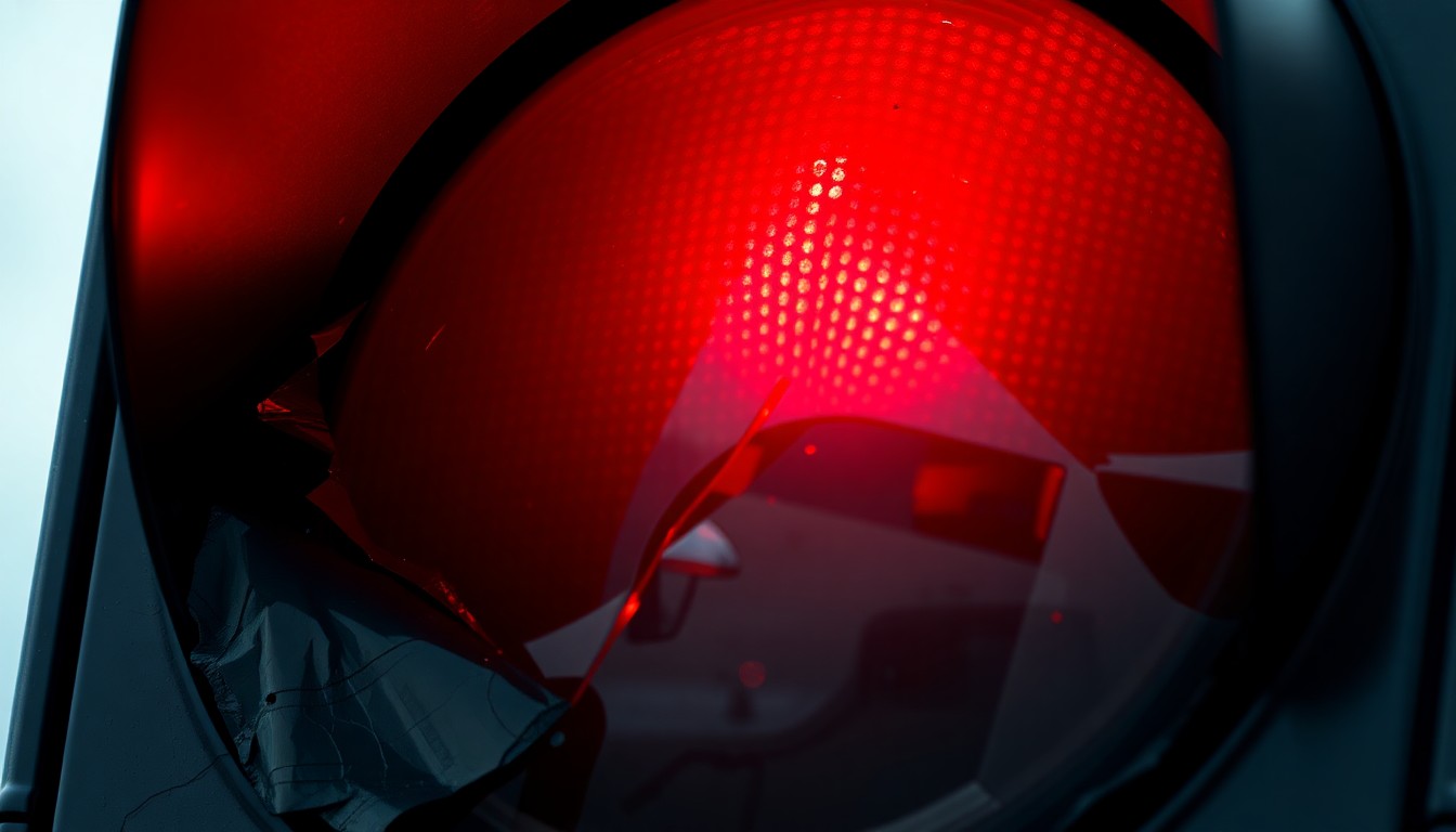 An extreme close-up of a damaged traffic signal lens reflecting a faint red light, conceptually representing the aftermath of a pedestrian-involved crash in an urban setting.
