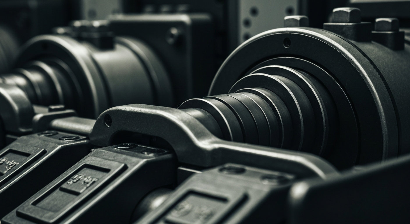 An extreme close-up of heavy, industrial banking equipment and machinery in dark, muted tones, conveying a sense of institutional financial power and security without using any literal currency or financial symbols.