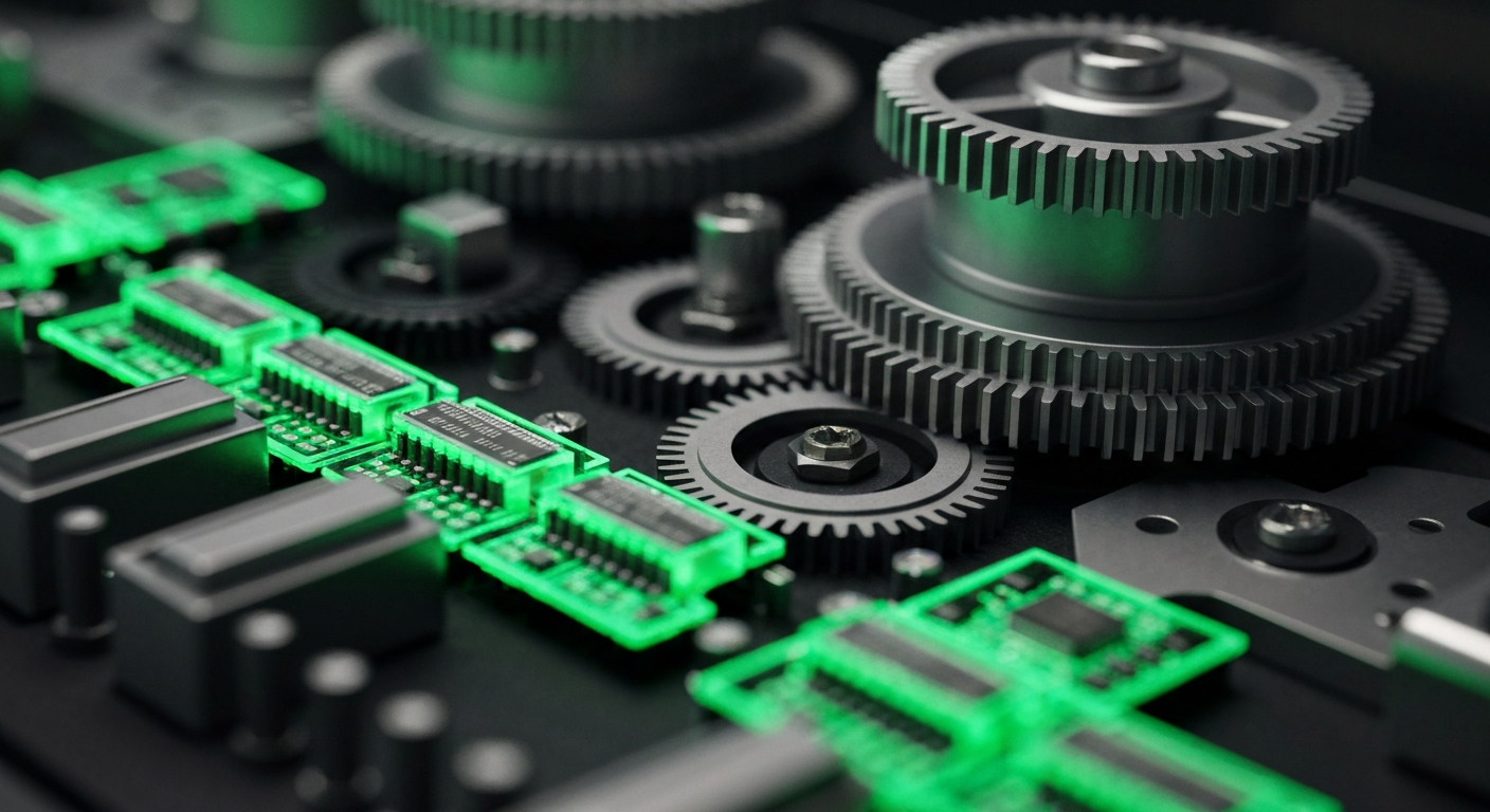 An extreme close-up of interlocking gears, circuit boards, and metal components in shades of silver, black, and blue, conceptually representing the complex financial infrastructure powering modern payment processing.