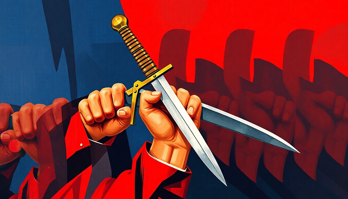 A dynamic, abstract painting featuring a politician's hand holding a sword, repeated in overlapping, fractured geometric shapes in bold, contrasting colors, conceptually representing the clash between conservative and progressive Catholic views on the Iran war.