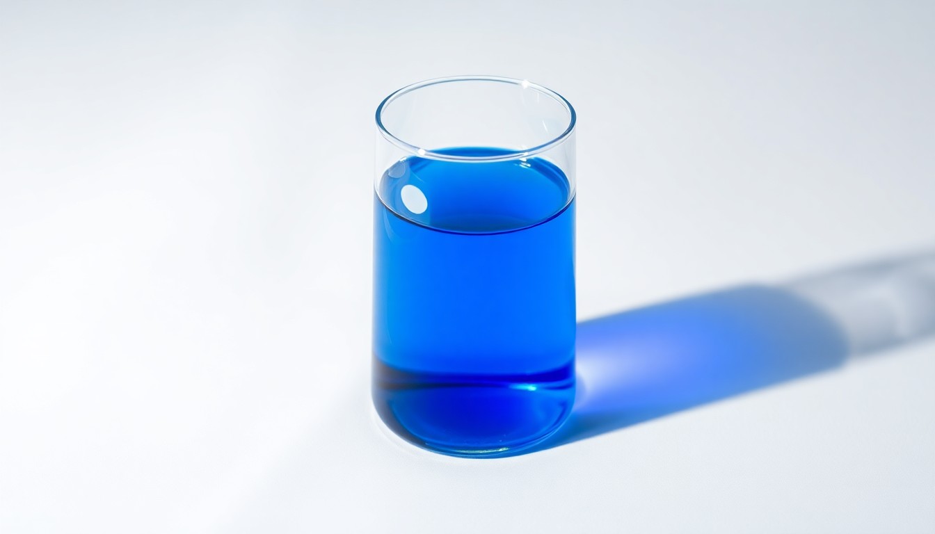 A photorealistic studio still life photograph featuring a polished glass beaker filled with a vibrant blue liquid, placed on a clean white background and illuminated with dramatic studio lighting, conceptually representing the innovative pharmaceutical research and development supported by Taiho Ventures' corporate venture capital investments.