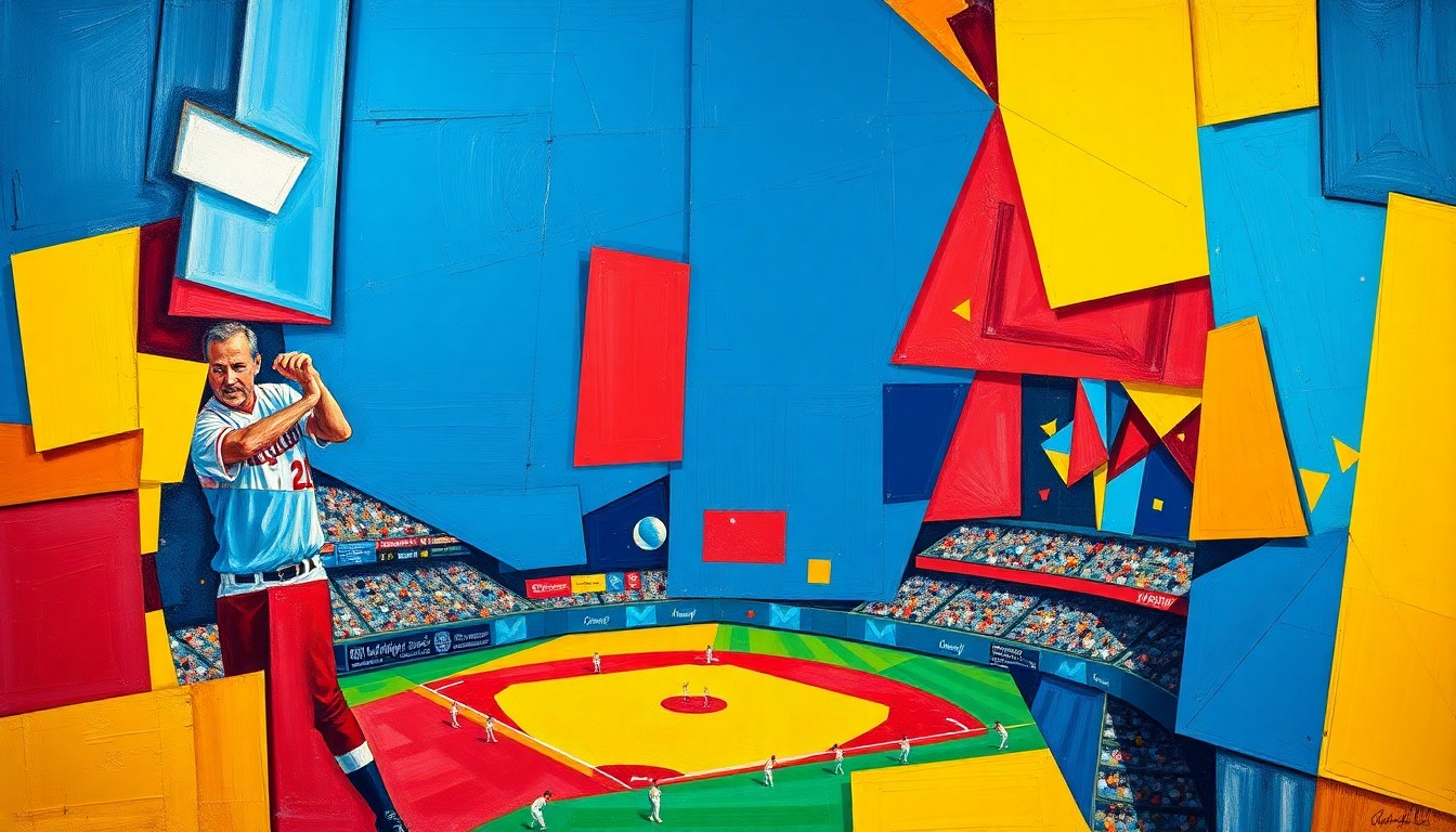 A fractured, cubist-style painting depicting a baseball game or match, with sharp geometric shapes and planes in vibrant colors representing the dynamic action on the field.