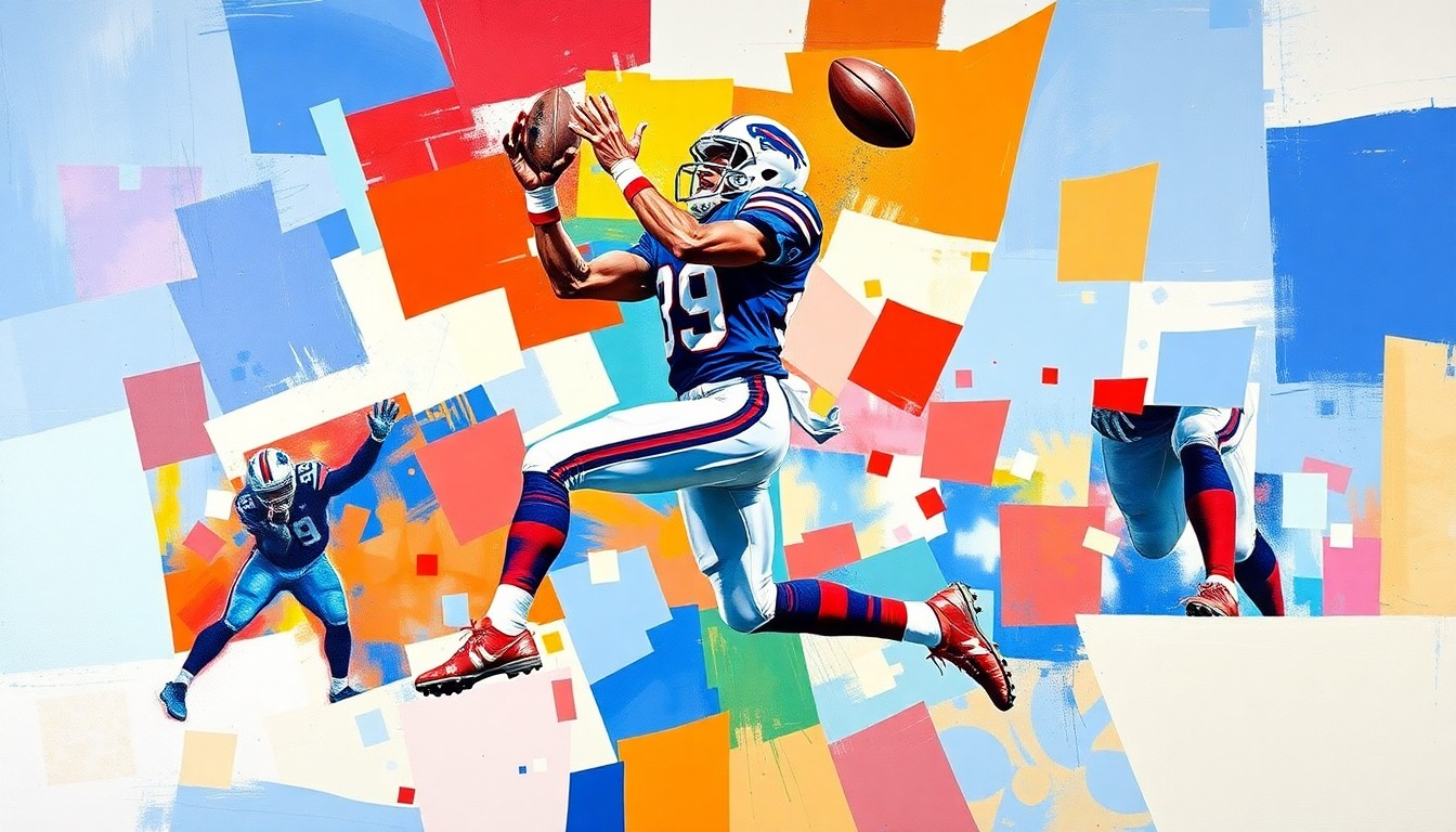 A fragmented, geometric painting depicting a football player in mid-air, their body broken down into sharp, overlapping planes of color representing the Bills' team colors, conveying the physicality and dynamism of the sport.