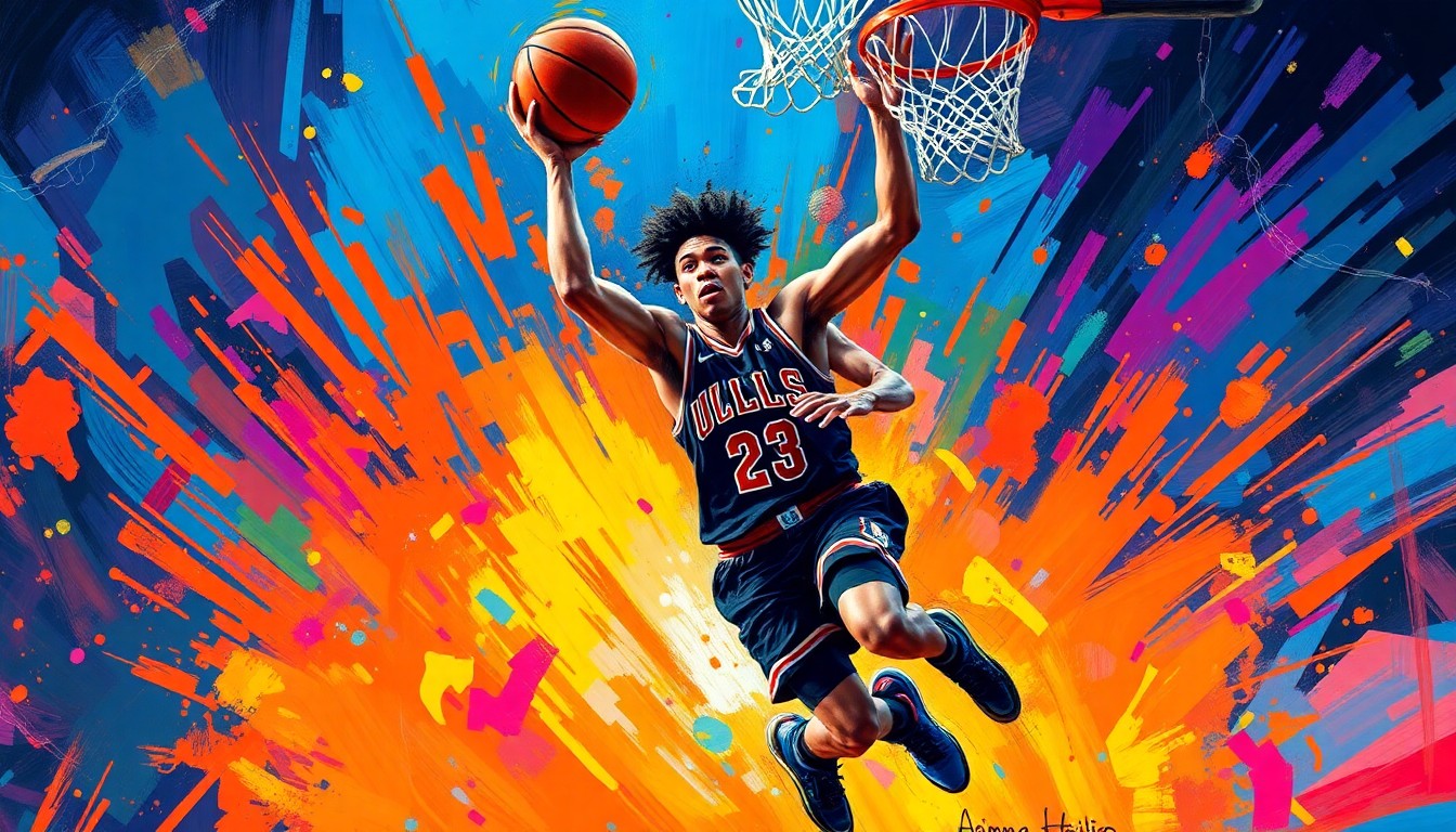 An abstract, expressionist painting depicting the intense, high-energy action of a basketball player driving to the hoop, with the ball and player's movements rendered in a blur of vibrant, neon-like colors and energetic brushstrokes.