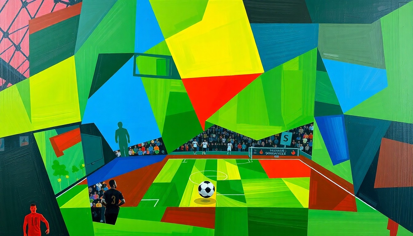 A dynamic, cubist-style painting depicting the action and energy of a soccer match, with players and the field fragmented into sharp, overlapping geometric shapes in vivid colors.