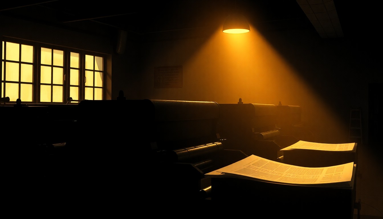 A cinematic painting of an old-fashioned newspaper printing press, with warm, diagonal sunlight and deep shadows, conceptually representing the preservation and sharing of local journalism archives.