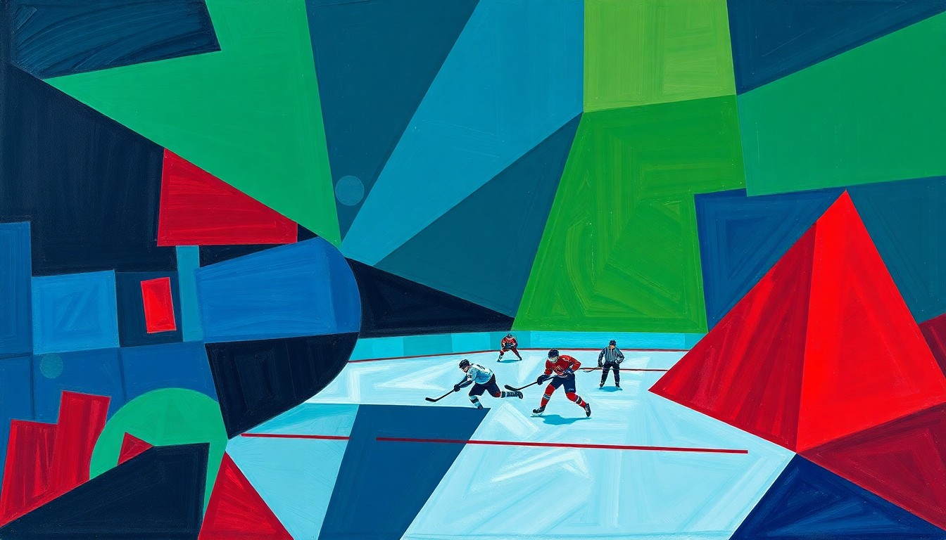A cubist, geometric painting depicting a hockey game in motion, with players and the puck represented as fragmented, overlapping shapes in shades of blue, green, and red.