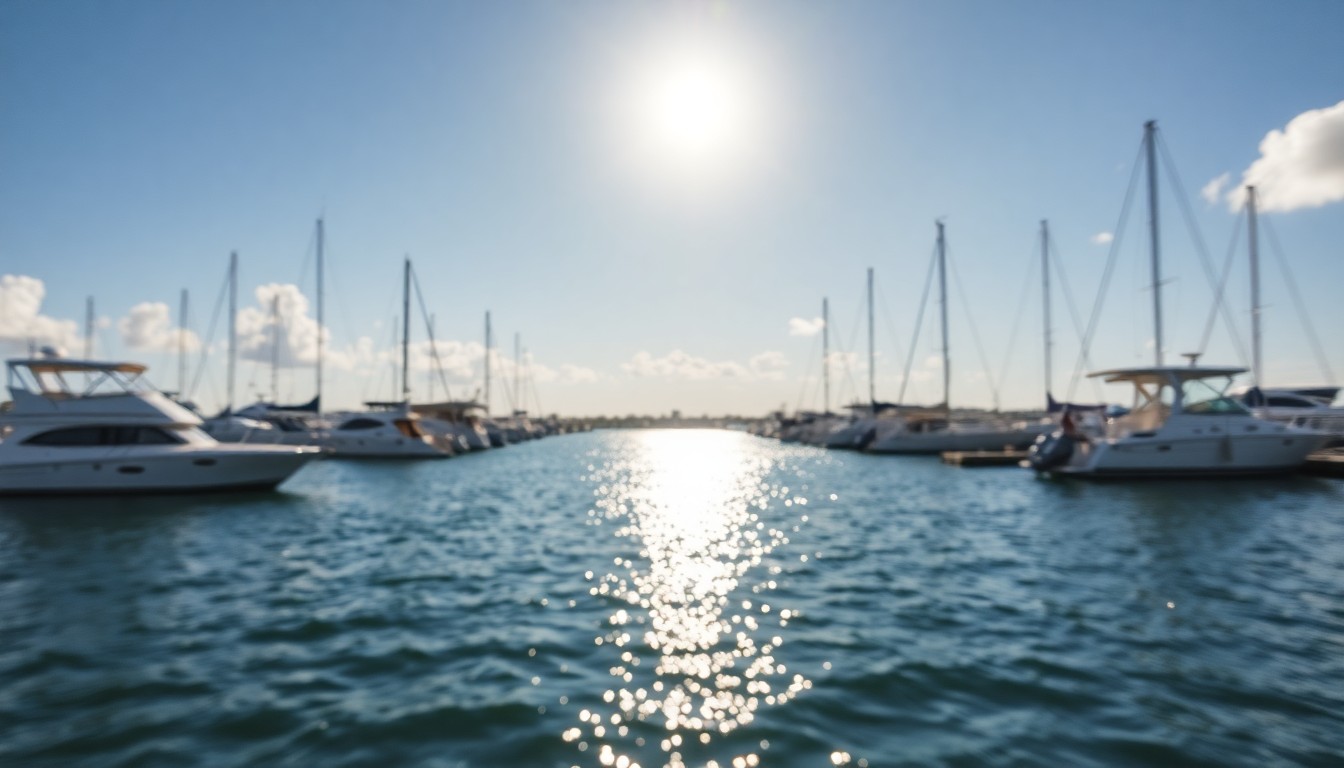 An extremely abstracted, out-of-focus photograph of a sun-dappled marina with boats gently bobbing on the water, conveying the serene and relaxed atmosphere of waterfront living.