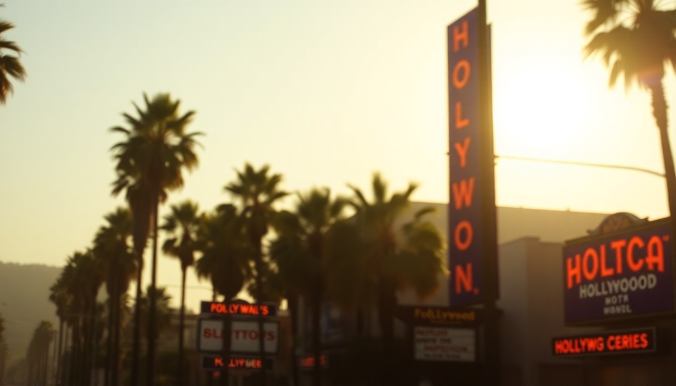 An extremely abstracted, out-of-focus photograph of a sun-drenched Hollywood street, with the silhouettes of palm trees and vintage neon signs barely visible through the soft, warm glow of the afternoon light, conceptually representing the historic charm and glamour of the loft's location.