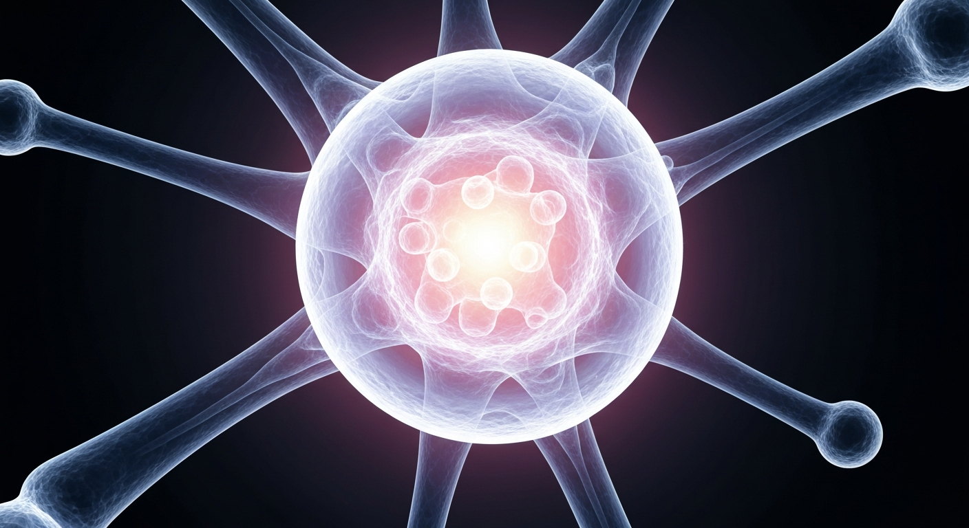 An ethereal, ghostly X-ray image revealing the intricate internal structure of a human immune cell receptor, conveying the innovative scientific approach behind OSE Immunotherapeutics' novel FPR2 agonist therapy.