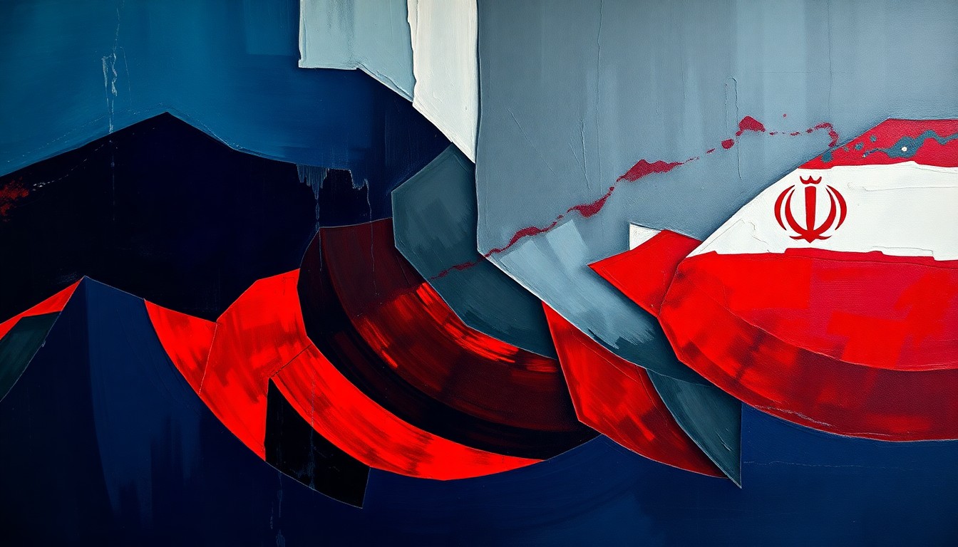 An abstract, fragmented painting in shades of navy, gray, and red, conceptually representing the disruption of Iran's maritime trade by a U.S. military blockade.
