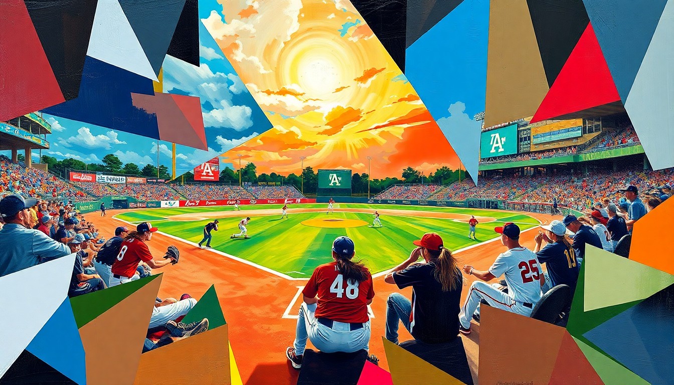A visually striking, abstract painting in the style of Pablo Picasso, using bold geometric shapes and vibrant team colors to conceptually represent the competitive spirit and energy of a high school softball game.