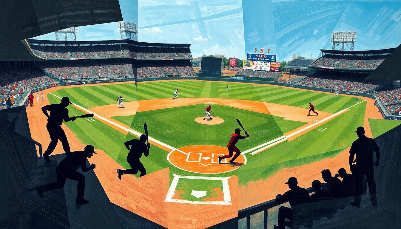 A cubist, geometric painting depicting the dynamic action of a baseball game, with overlapping planes of green field, white chalk lines, and blurred player silhouettes, conveying the energy and intensity of the regional matchup.