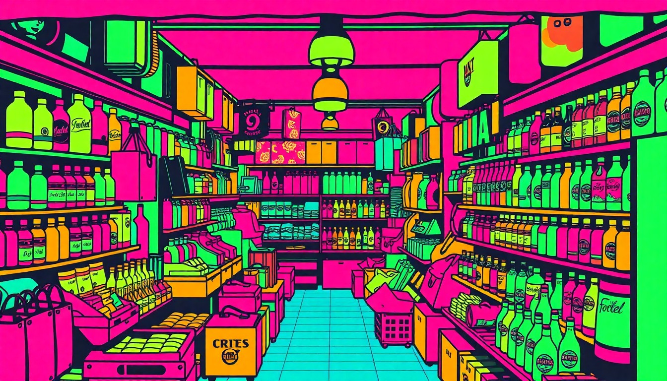 A bold, colorful silkscreen print featuring a repeating pattern of a vintage-style market stall filled with an array of lifestyle goods and products, conceptually representing the diverse offerings and celebratory atmosphere of the Stone Mountain Village Pop-Up Market.