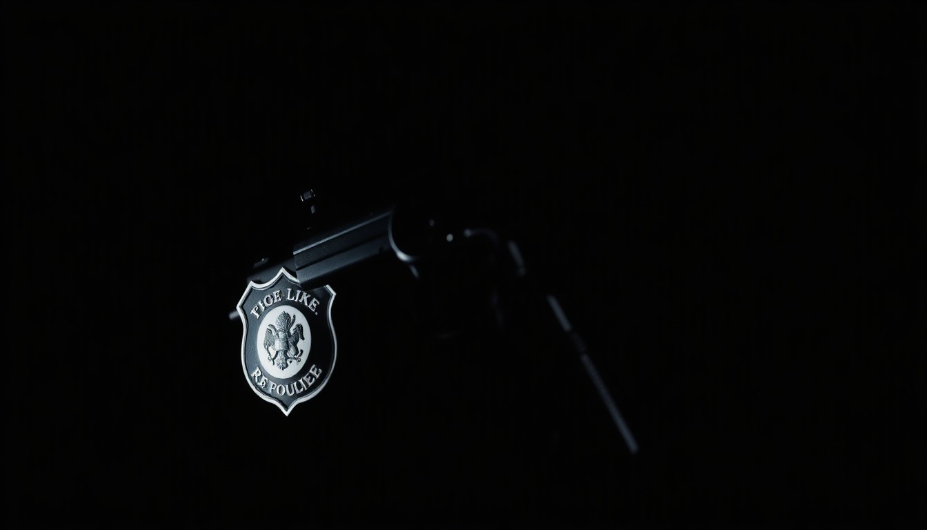 An extreme close-up photograph of a police badge and handgun against a pitch-black background, creating a stark, gritty, investigative aesthetic through the use of harsh, direct lighting.