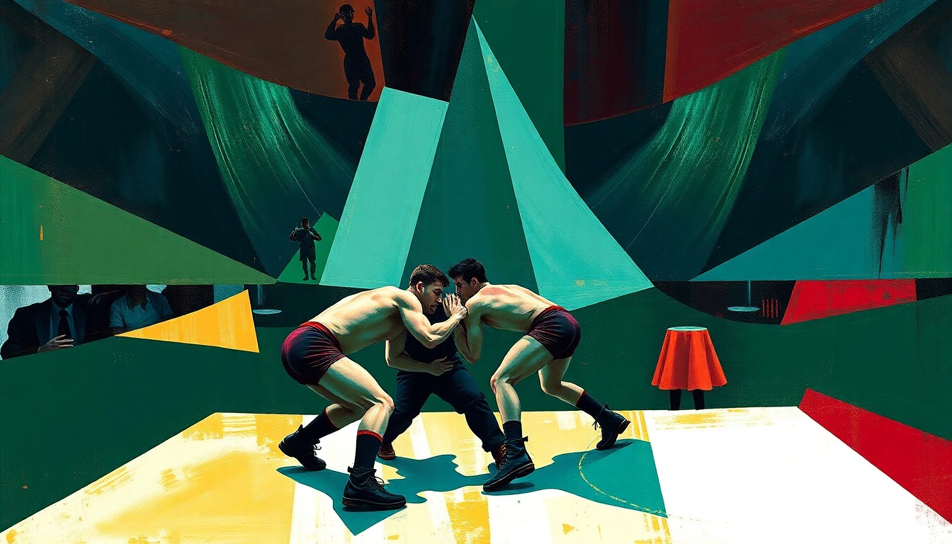 A cubist-style painting featuring overlapping geometric shapes and planes in shades of navy, green, and red, conceptually representing the dynamic movements and competitive spirit of a wrestling match.