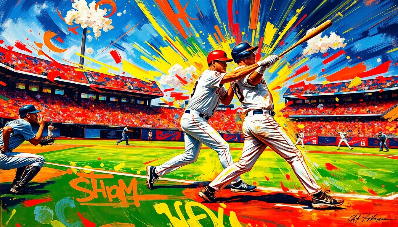 An abstract, energetic painting in neon colors depicting the dynamic motion and power of baseball players in action, capturing the intensity of the game without any identifiable players or teams.