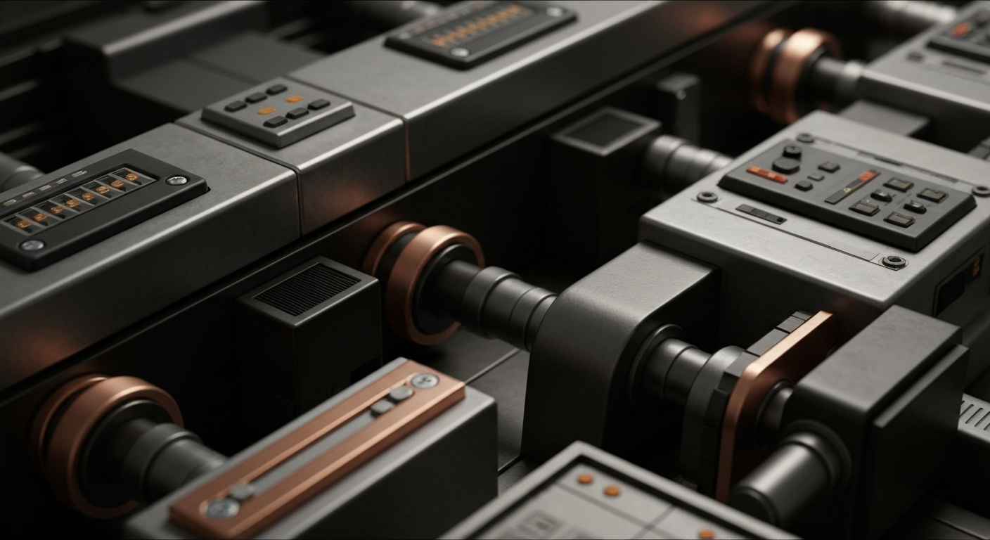 A highly detailed, black-and-white close-up photograph of the inner workings of a complex banking or financial machine, representing the technological backbone of cybersecurity companies like Okta.