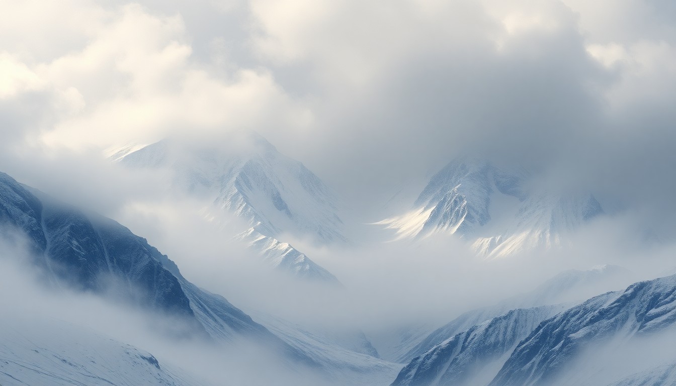 A sweeping, atmospheric landscape painting in muted tones of grey, white, and blue, depicting a snow-covered mountain range partially obscured by heavy fog and blowing wind, conveying the overwhelming scale and power of a late-season winter storm in the Idaho wilderness.