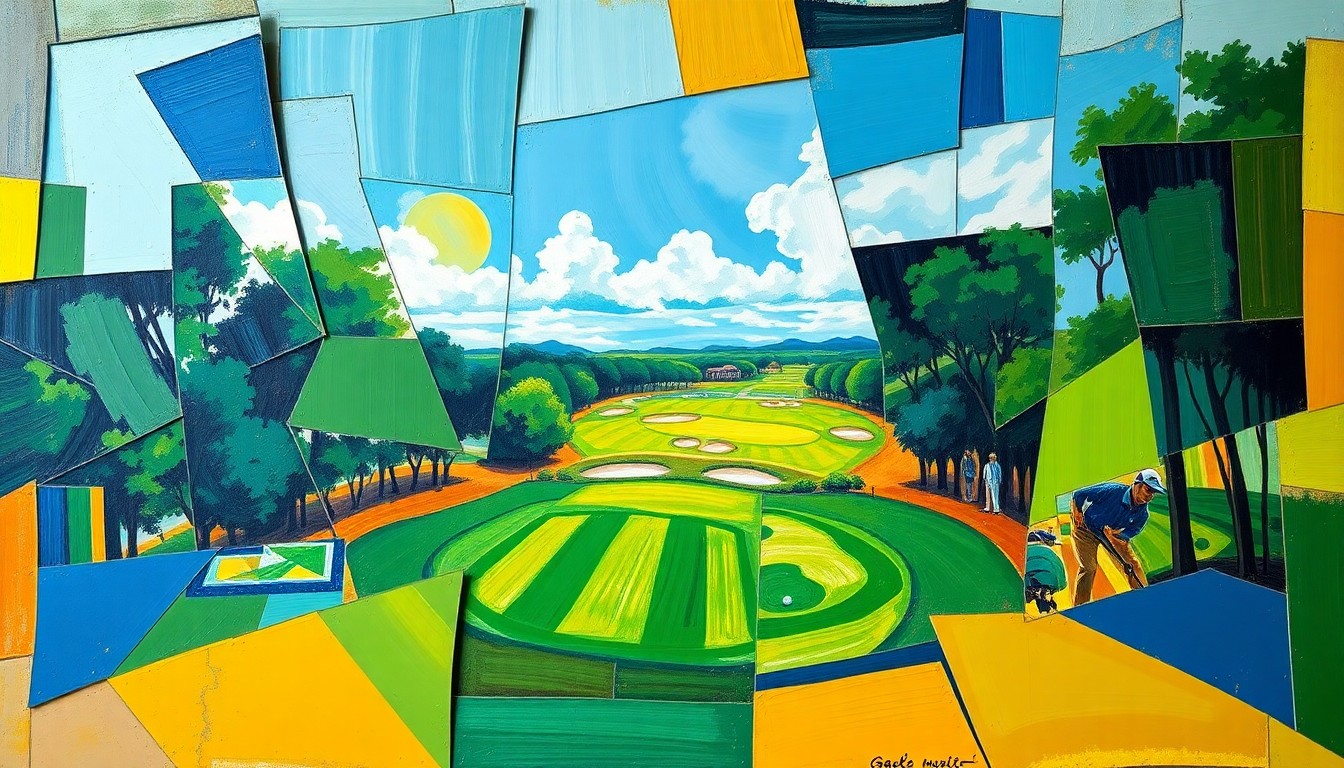 A fragmented, geometric painting depicting a professional golf tournament, with sharp planes of green, blue, and yellow overlapping to create a sense of motion and disarray, reflecting the turbulent state of the LIV Golf league.