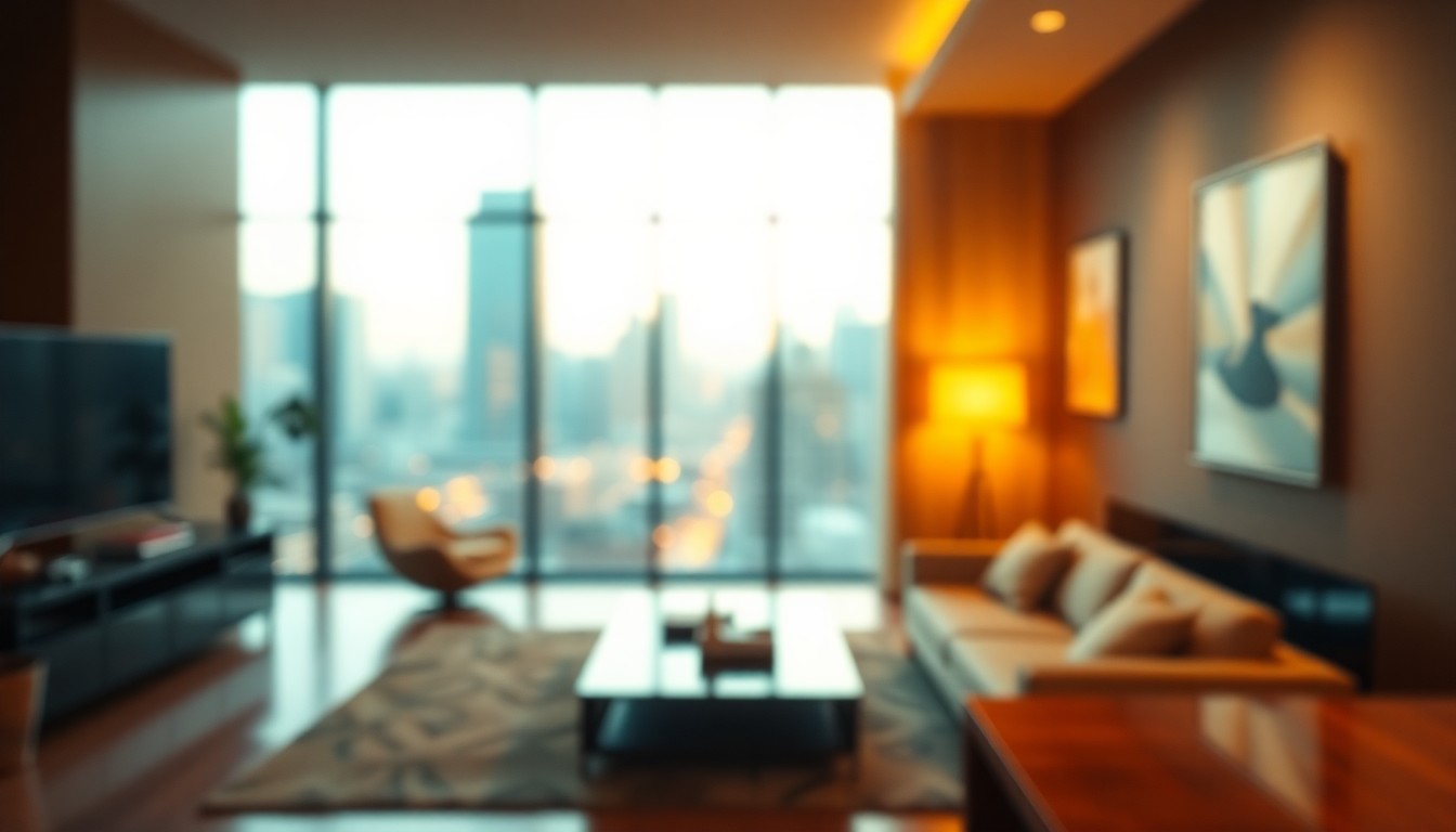 An extremely abstracted, out-of-focus photograph of a luxury apartment interior, with soft pools of warm light and color, conceptually representing the mood of high-end urban living.
