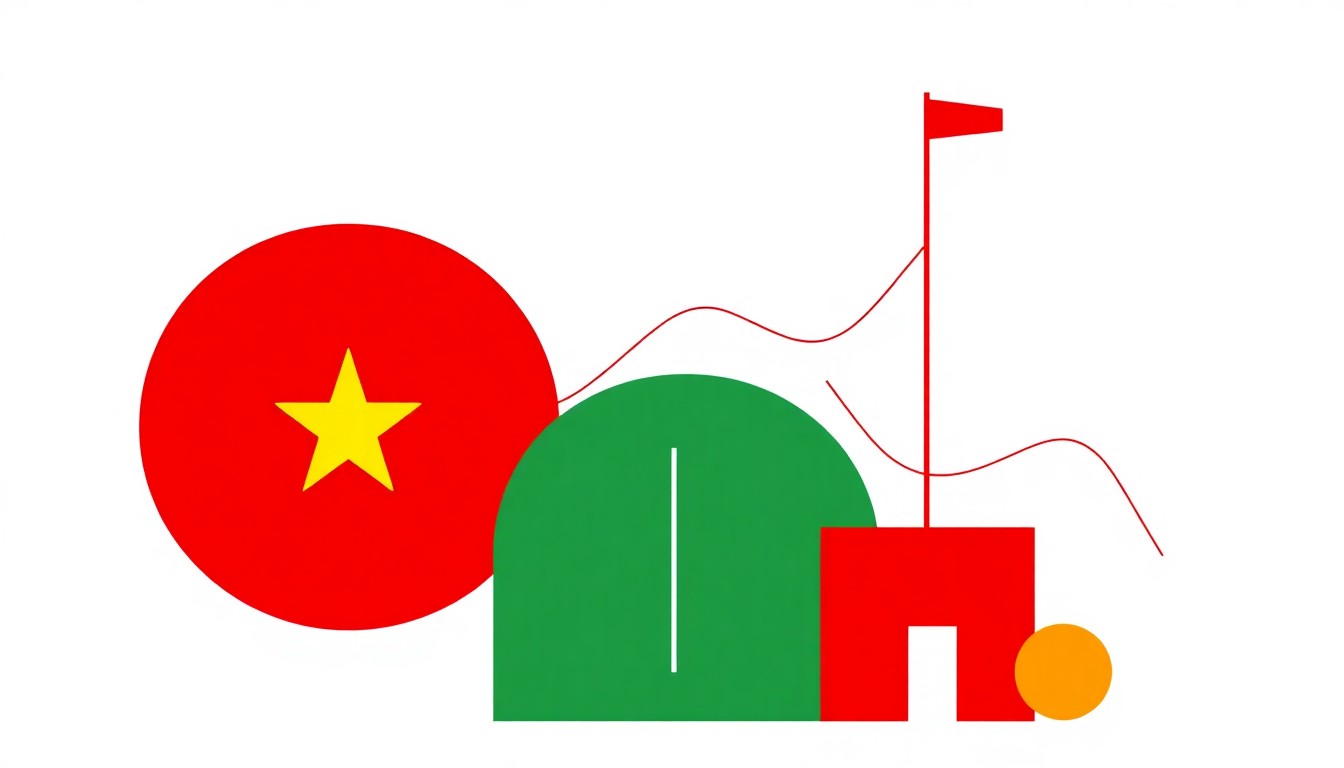 A geometric abstract illustration featuring overlapping triangles and rectangles in shades of blue, yellow, and red, conceptually representing the fiscal challenges facing Cameroon's government due to the oil price shock.