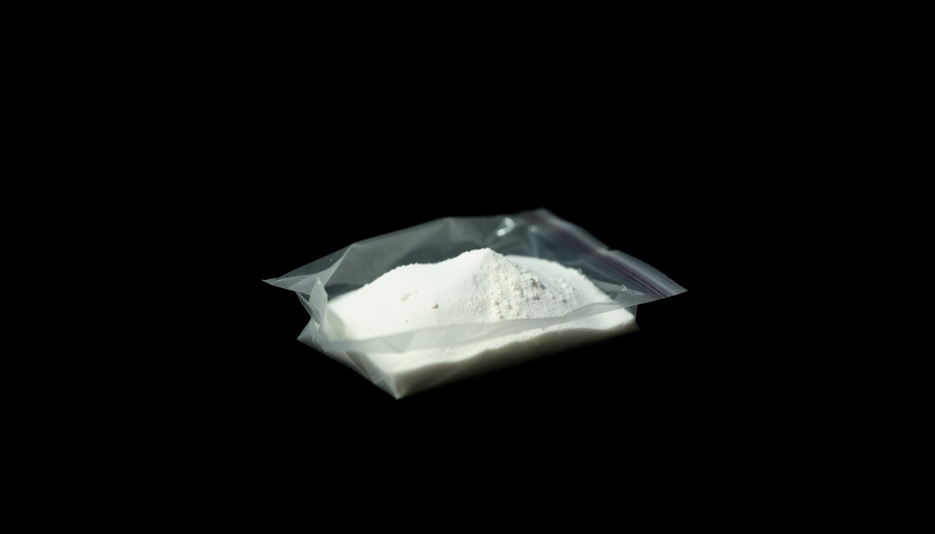 An extreme close-up photograph of a small plastic bag containing white powder, creating a stark, gritty, investigative aesthetic through the use of harsh, direct lighting against a pitch-black background.