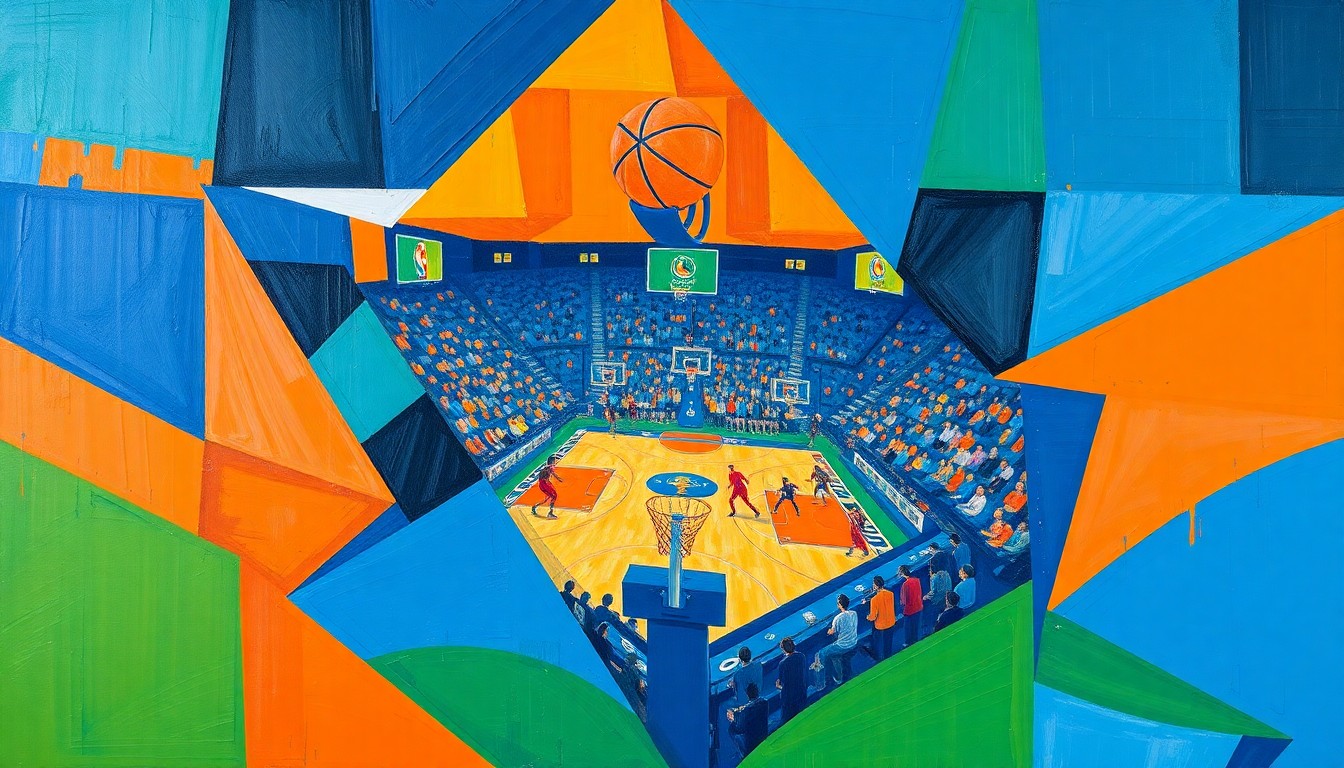 A fragmented, geometric painting in bold colors depicting the overlapping movements and perspectives of a college basketball game, conveying the strategic complexity of roster construction through the transfer portal.