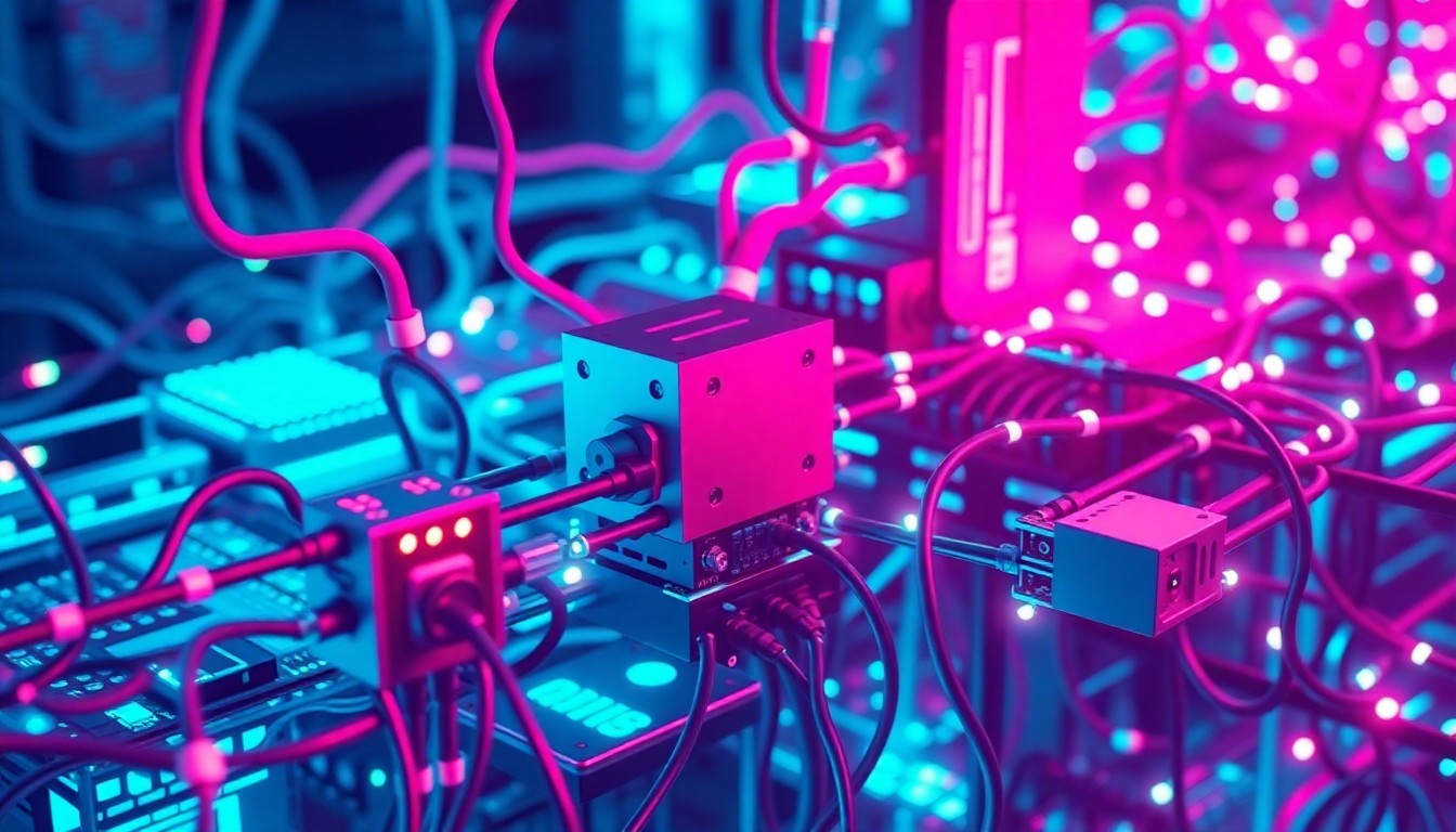 A highly detailed, glowing 3D illustration of a complex network of interconnected AI hardware components and data cables, bathed in a neon cyan and magenta color palette, conceptually representing CloudKeeper's advanced technology powering scalable AI solutions.